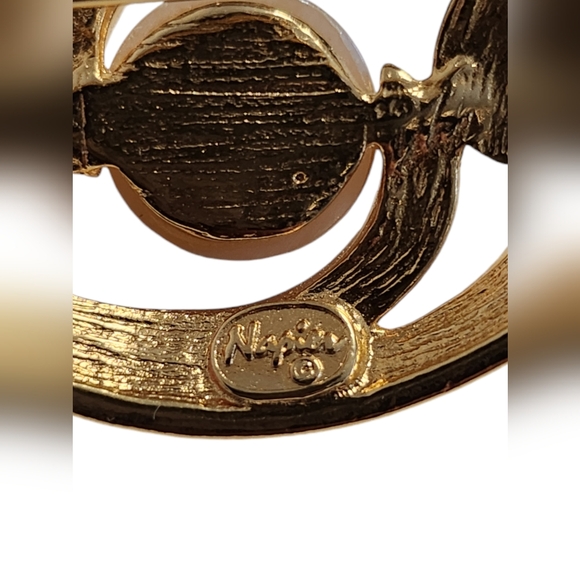 Vintage Signed Napier Swirled Gold Pin Brooch with Pearl Center - 2-1/2" long - Picture 3 of 3